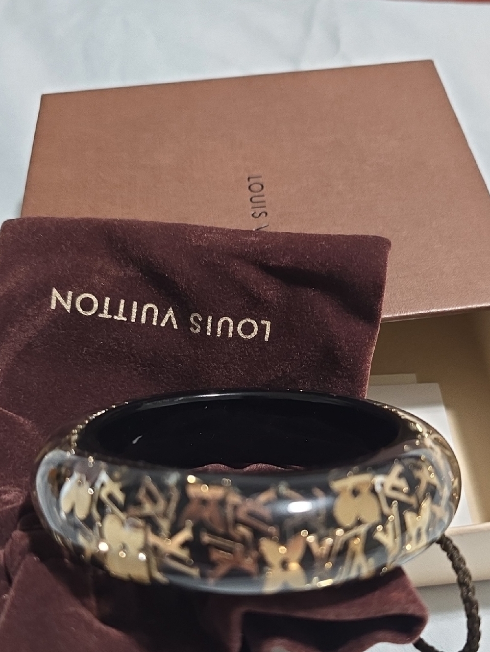 Louis Vuitton Black Resin Bangle with Gold Monogram Detailing